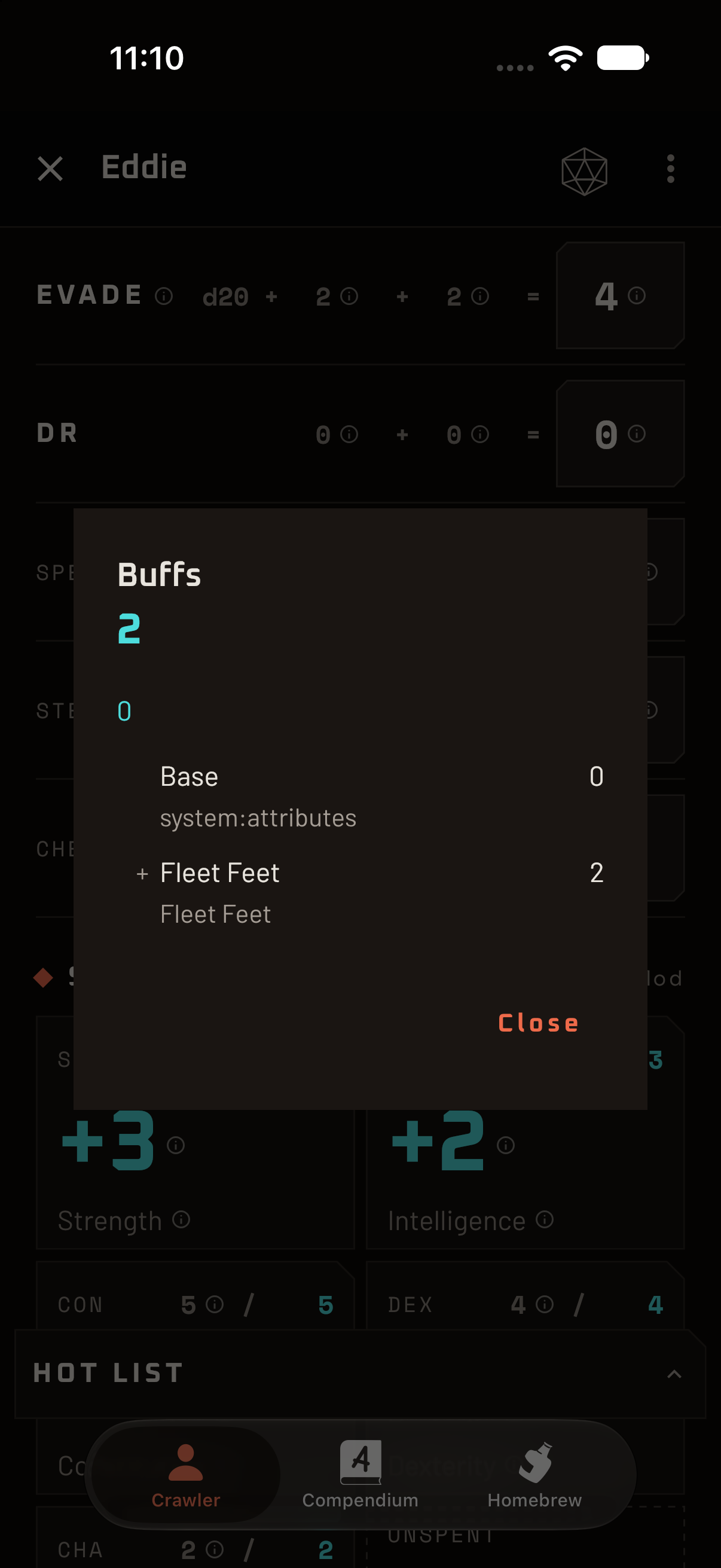 A dialog explaining how a character's Speed was calculated, line by line.