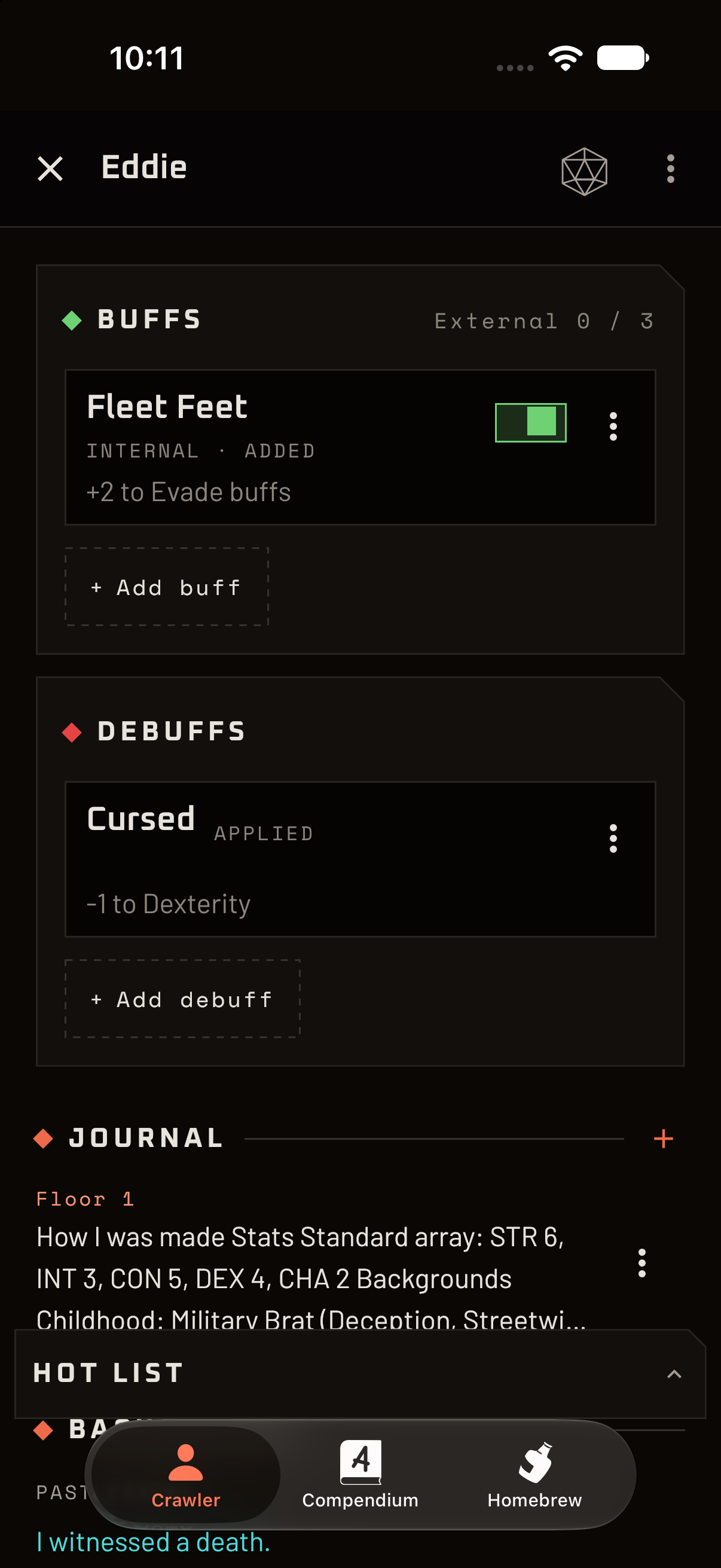 The Buffs and Debuffs sections with a switch, a duration and a cooldown.