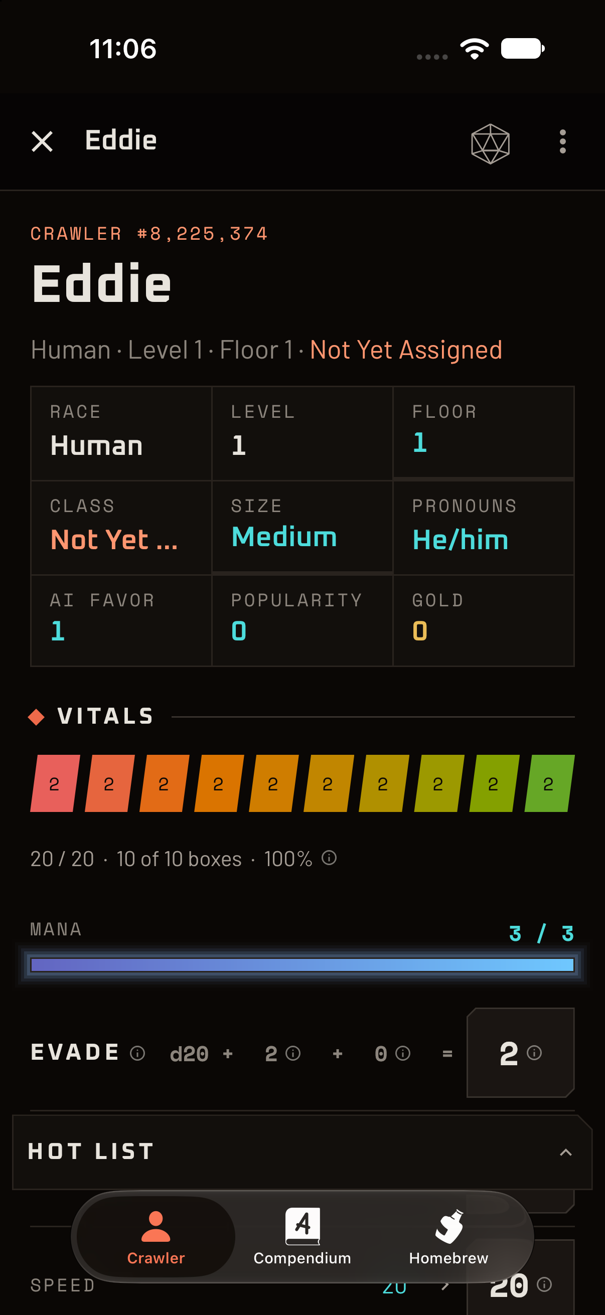 A Crawler Vault character sheet on a phone, showing stats, health and mana.